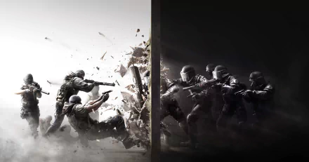 HD desktop wallpaper from Tom Clancy's Rainbow Six: Siege, featuring intense action with operatives breaking through barriers and engaging in a tactical confrontation.