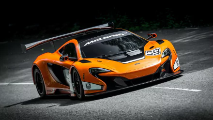 HD PC desktop wallpaper featuring a vibrant orange McLaren sports car speeding on a road, showcasing sleek design and aerodynamic details.