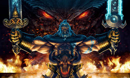 HD PC desktop wallpaper featuring the Barbarian from Diablo III, with fiery background and Diablo's menacing eyes glaring above in this iconic video game art.