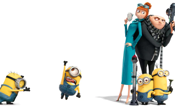 HD PC desktop wallpaper featuring characters Lucy, Gru, and Minions from Despicable Me 2, showcasing the movie’s playful and adventurous spirit.