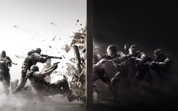 HD desktop wallpaper from Tom Clancy's Rainbow Six: Siege, featuring intense action with operatives breaking through barriers and engaging in a tactical confrontation.