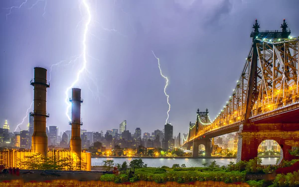 Lightning strikes near the Queensboro Bridge in New York cityscape at night, captured in a dramatic HD PC desktop wallpaper and background.
