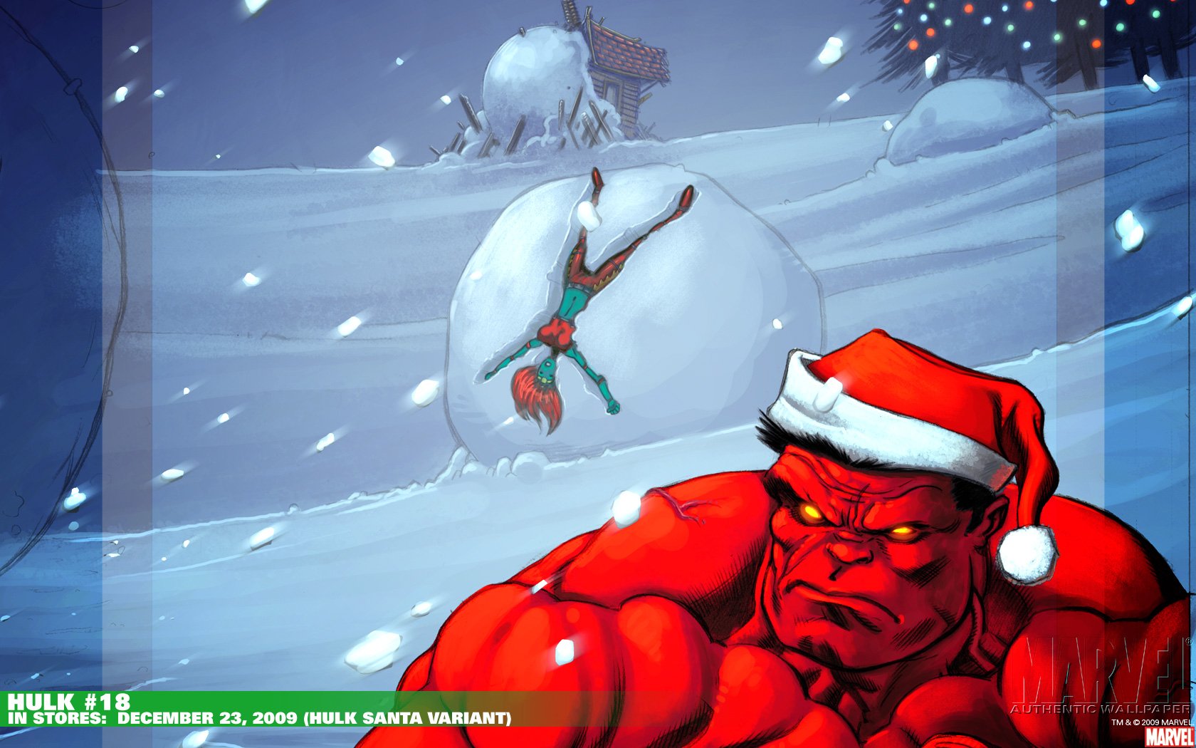 HD comic-style desktop wallpaper featuring Red Hulk wearing a Santa hat, playfully interacting with a snowy winter landscape.