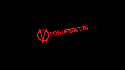 HD PC desktop wallpaper featuring the movie title V for Vendetta in bold red letters on a black background.