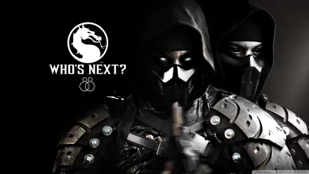 HD desktop wallpaper featuring two ninja characters from Mortal Kombat X, wearing gloves, masks, and hoods, with the phrase Who's Next? and the Mortal Kombat dragon logo on a dark background.