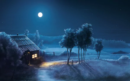Artistic HD PC desktop wallpaper featuring a serene nighttime scene with a glowing full moon, a cozy cabin, and softly lit trees under a clear sky.
