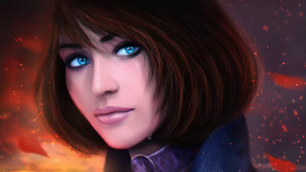 HD desktop wallpaper featuring a brunette with blue eyes from the fantasy video game Bioshock Infinite, set against a vivid, fiery background.