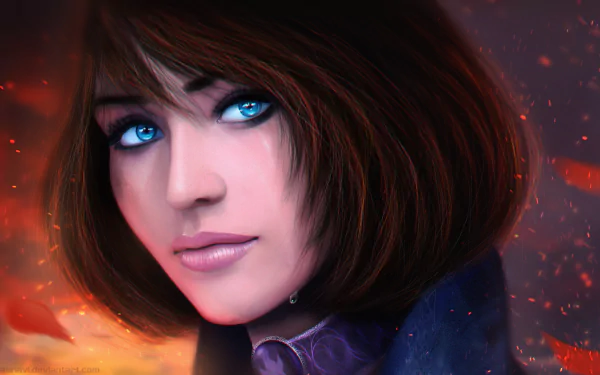 HD desktop wallpaper featuring a brunette with blue eyes from the fantasy video game Bioshock Infinite, set against a vivid, fiery background.