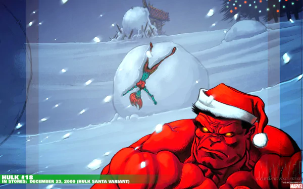 HD comic-style desktop wallpaper featuring Red Hulk wearing a Santa hat, playfully interacting with a snowy winter landscape.