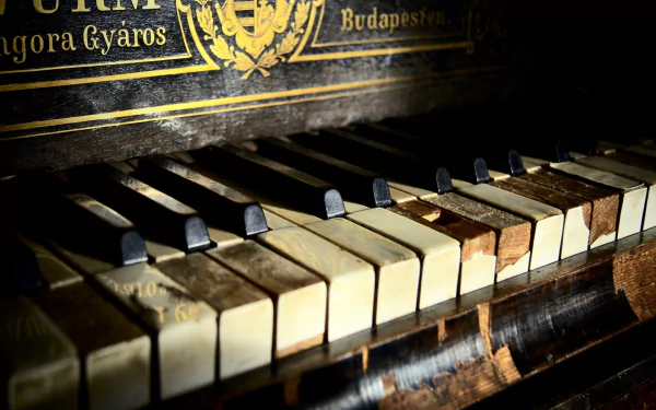 A close-up of aged piano keys, showcasing intricate details and textures, set against a dark background, creating a captivating music-inspired HD desktop wallpaper.