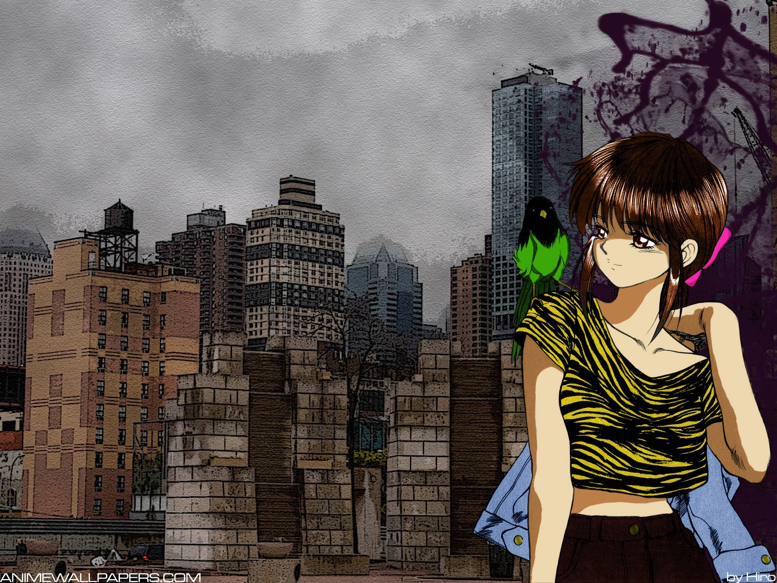 Anime HD PC desktop wallpaper, 3x3 Eyes character with brown hair and a green bird on her shoulder against a gritty city skyline background.