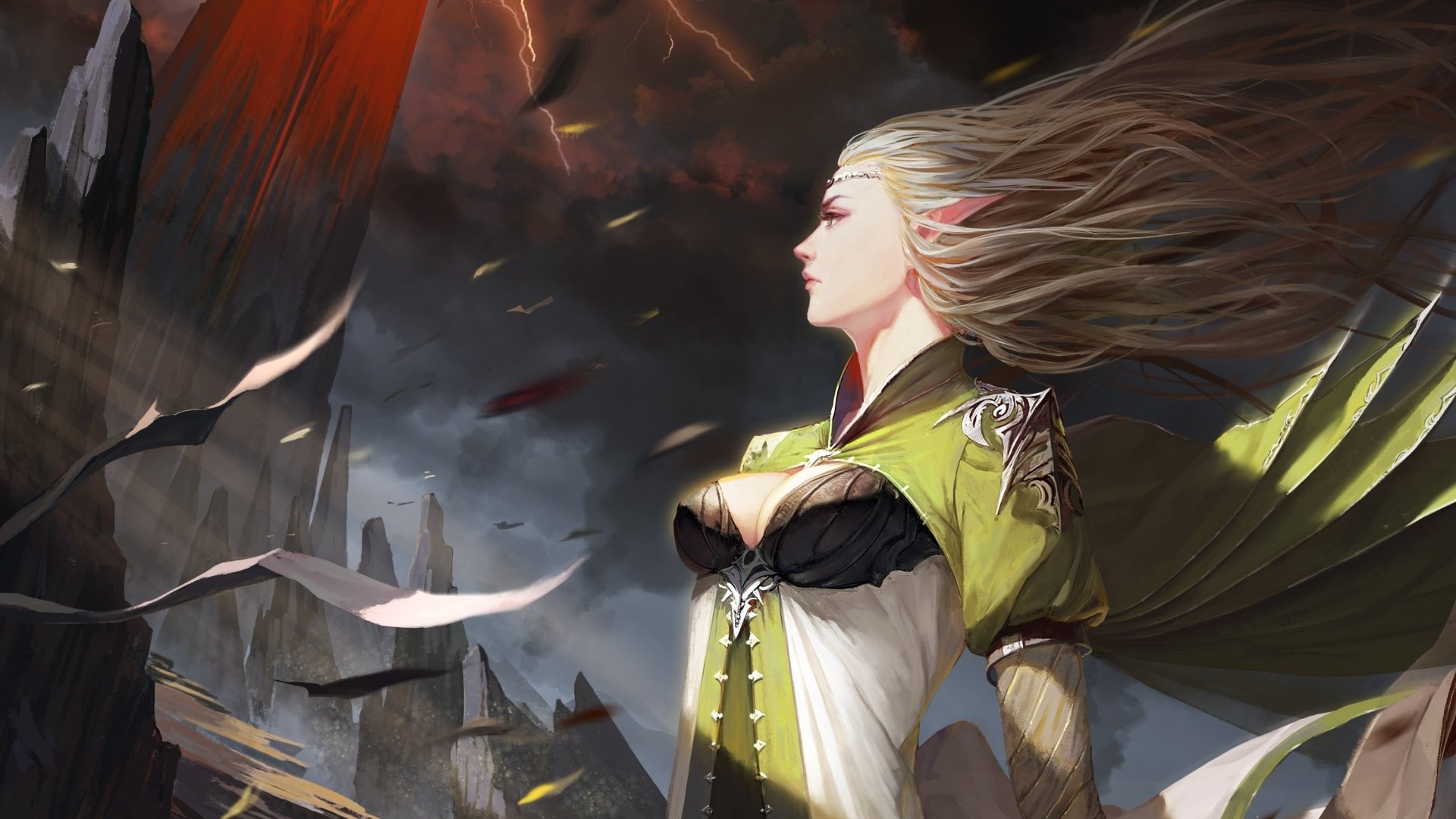 A fantasy-themed HD wallpaper featuring a powerful woman with flowing hair, standing amidst a dramatic, stormy backdrop, embodying strength and determination.