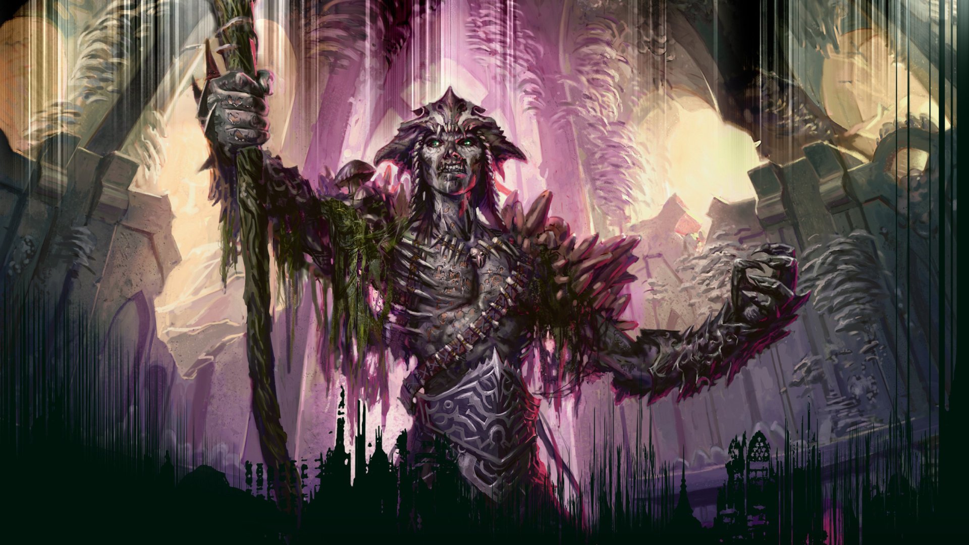 HD PC desktop wallpaper featuring a detailed, man-made Magic: The Gathering character wielding a staff amid an ancient, mystical environment.