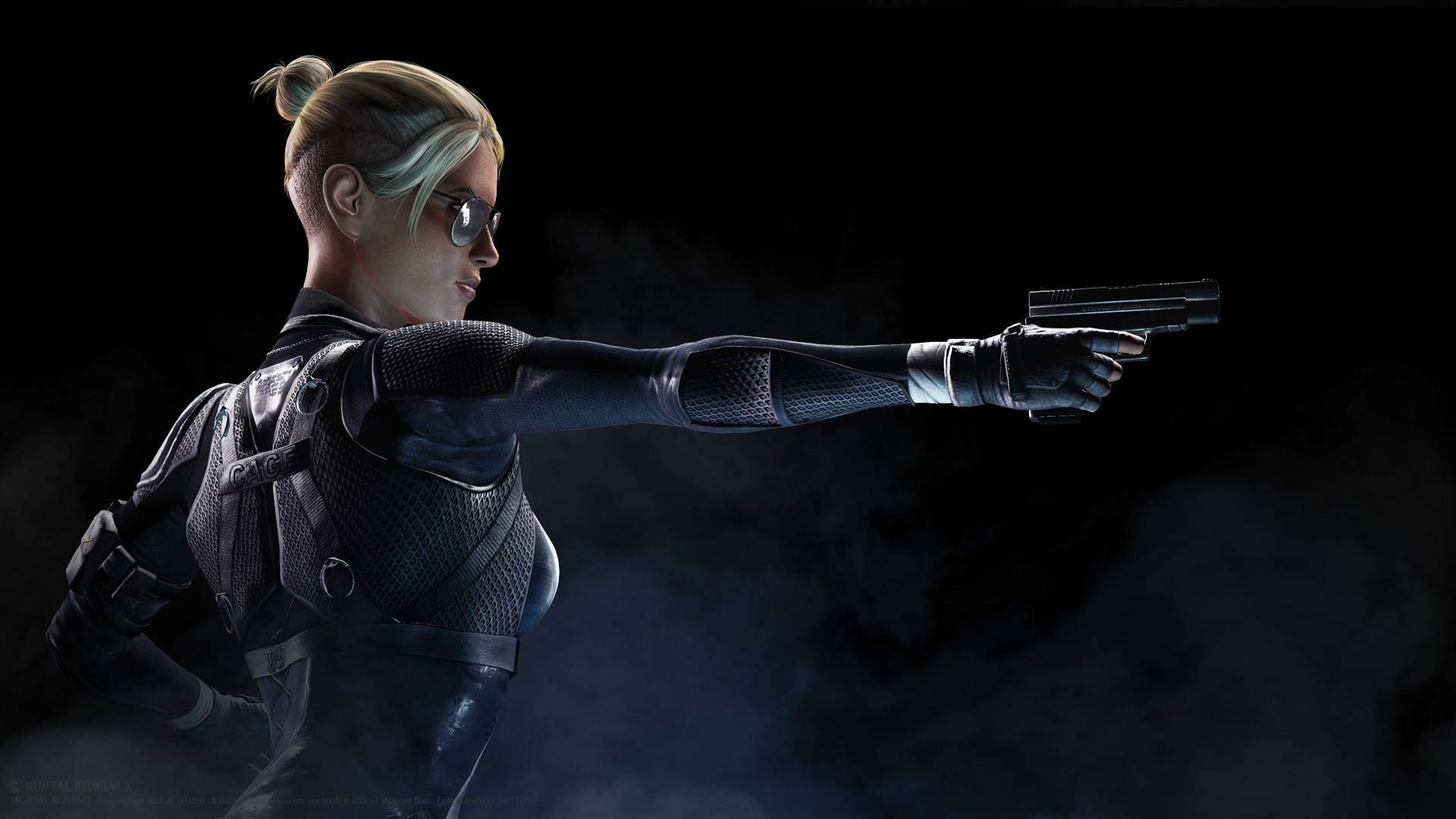 A dynamic HD wallpaper featuring a character from Mortal Kombat X, confidently pointing a gun, set against a dark, smoky background.