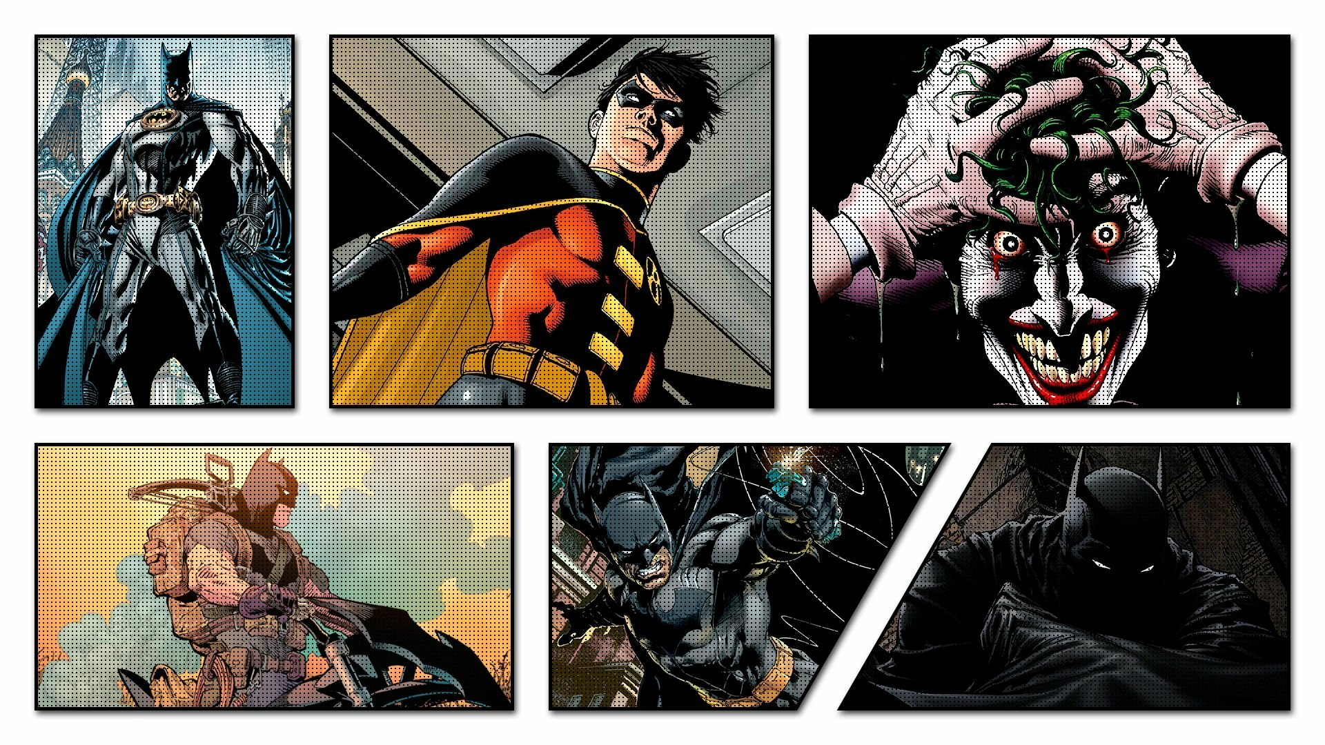 HD PC desktop wallpaper featuring DC Comics characters Batman, Robin (Tim Drake), and Joker in dynamic comic-style artwork.