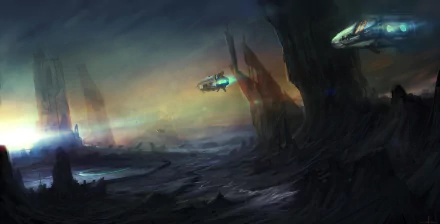 Sci‑fi spaceship 5K Ultra HD PC desktop wallpaper and background showing two sleek ships hovering over a misty alien coastline with jagged rock spires beneath a glowing, stormy sky.