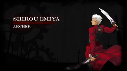 An HD wallpaper featuring Archer from Fate/Stay Night, portraying Shirou Emiya in a striking red outfit with swords, set against a dark, thematic background.