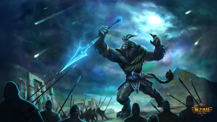 Anhur from Smite stands triumphantly wielding a blue spear against a dramatic cosmic backdrop, surrounded by warriors, in this HD video game wallpaper.