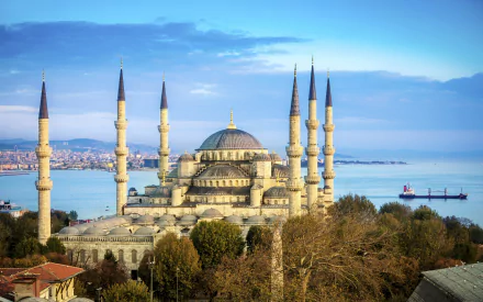 HD desktop wallpaper showcasing the Sultan Ahmed Mosque with its six minarets under a clear blue sky, highlighting its religious and architectural grandeur.