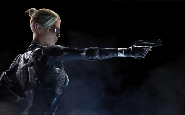 A dynamic HD wallpaper featuring a character from Mortal Kombat X, confidently pointing a gun, set against a dark, smoky background.
