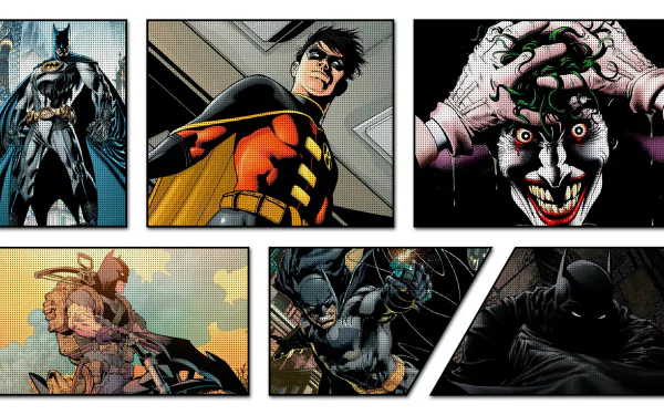 HD PC desktop wallpaper featuring DC Comics characters Batman, Robin (Tim Drake), and Joker in dynamic comic-style artwork.