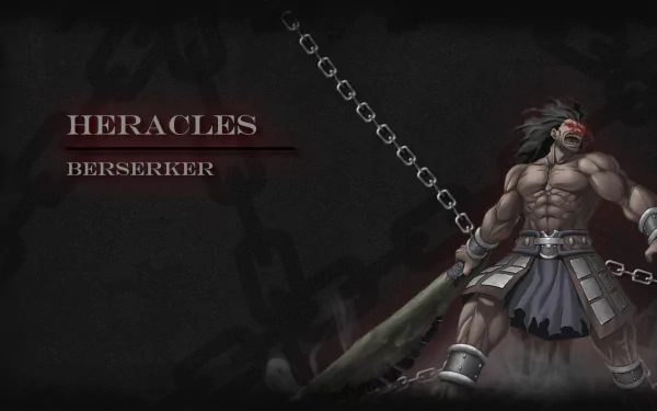 An HD desktop wallpaper featuring Berserker from Fate/stay night, showcasing Heracles in a dynamic pose, surrounded by a dark, dramatic background.
