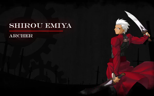 An HD wallpaper featuring Archer from Fate/Stay Night, portraying Shirou Emiya in a striking red outfit with swords, set against a dark, thematic background.