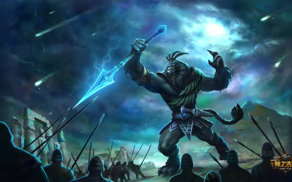 Anhur from Smite stands triumphantly wielding a blue spear against a dramatic cosmic backdrop, surrounded by warriors, in this HD video game wallpaper.