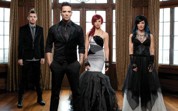 A striking HD wallpaper featuring the band Skillet, showcasing their iconic style with members dressed in stylish black attire against a backdrop of large windows.