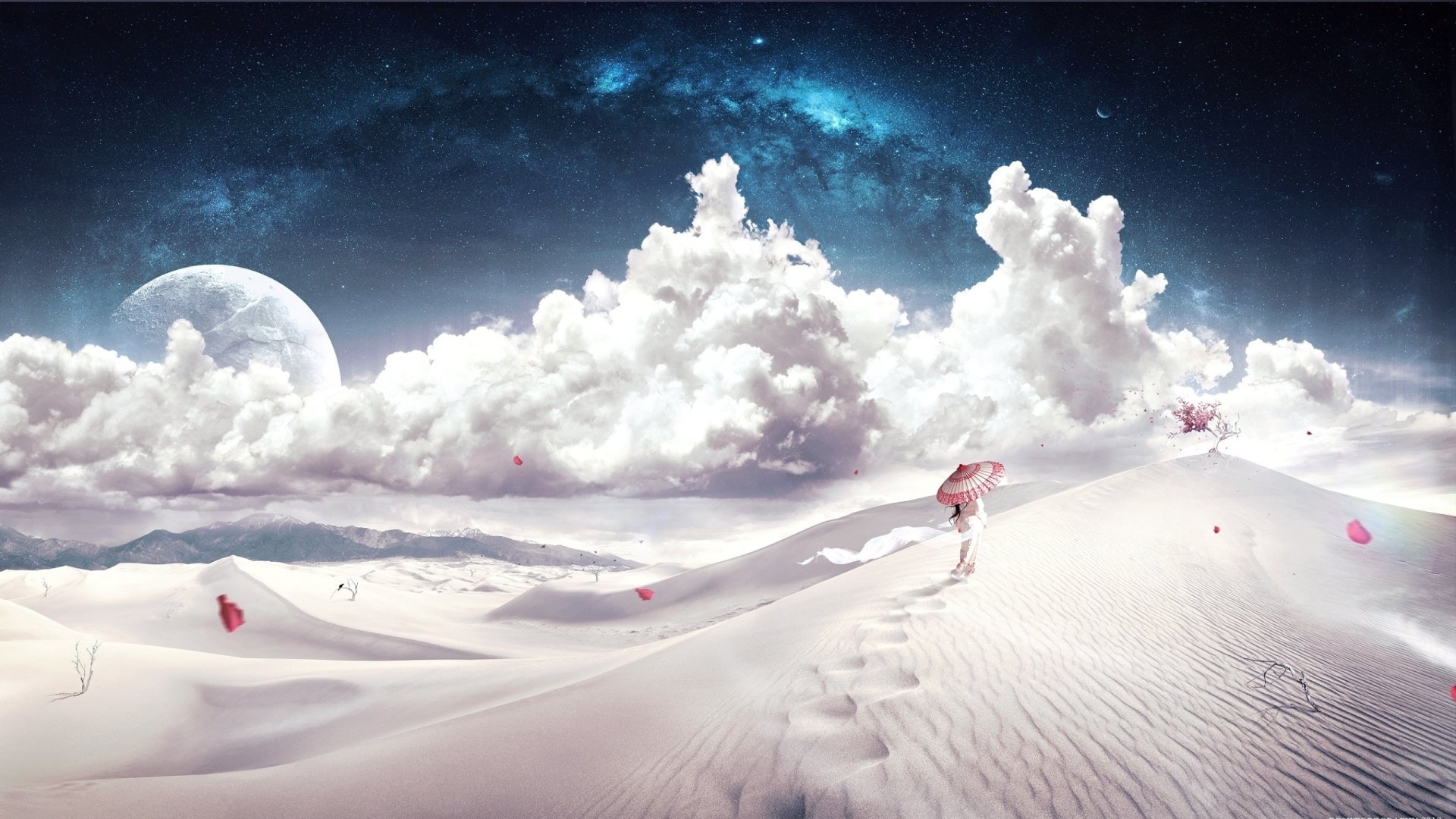 A stunning fantasy landscape featuring vast, white dunes under a luminous sky, with fluffy clouds and a large moon, creating a mesmerizing HD desktop wallpaper.