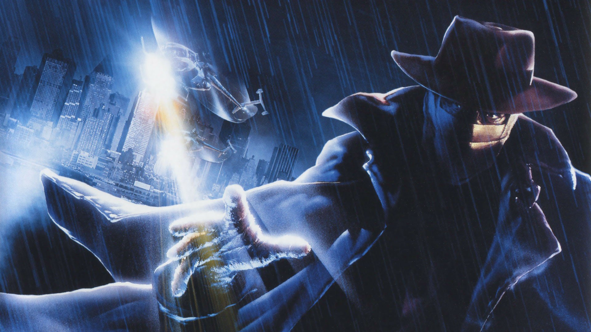 Darkman movie HD PC desktop wallpaper and background: masked, trench-coated figure with glowing bandaged hand in pouring rain over a city, helicopter hovering overhead.