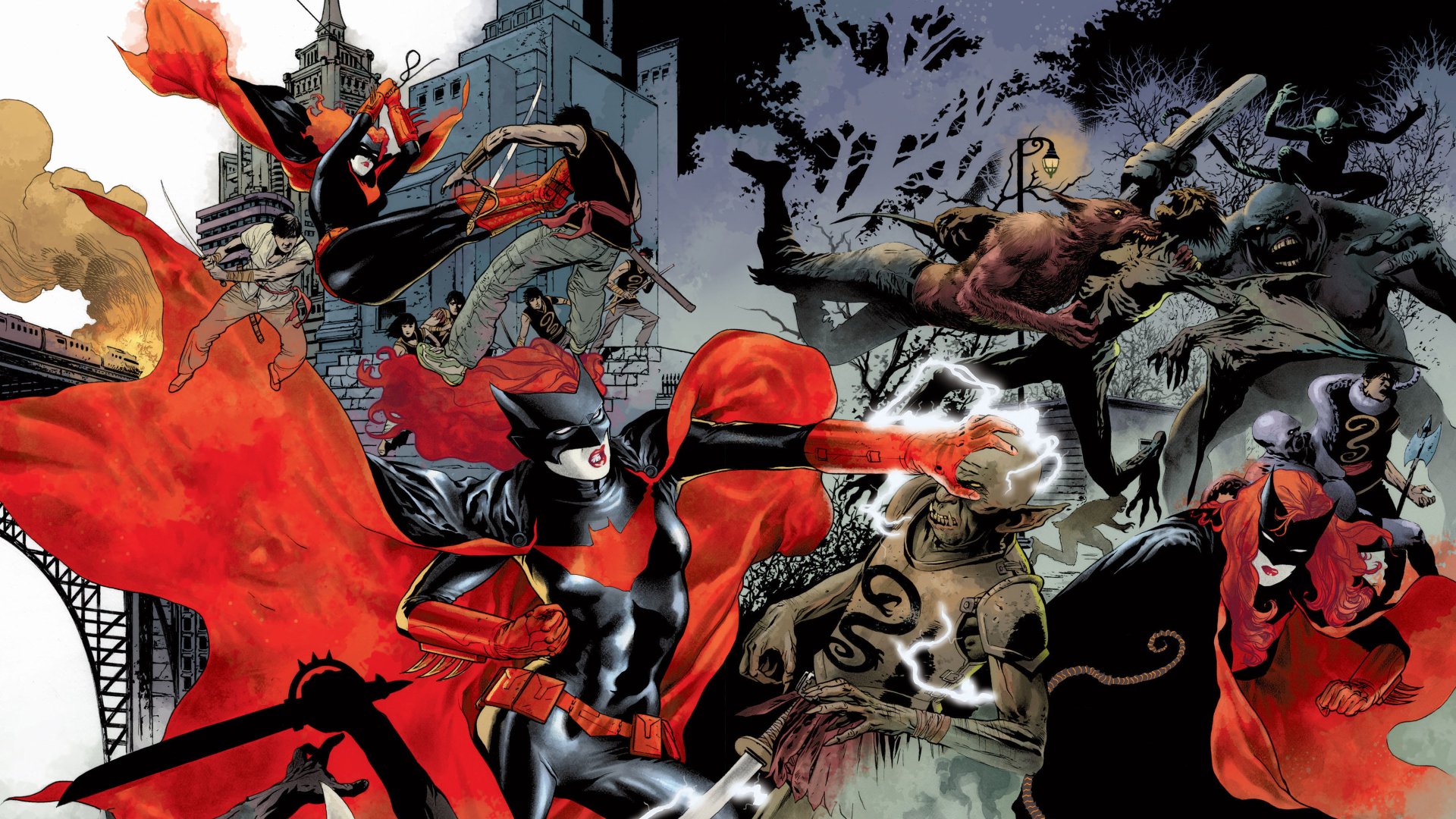 Comic 4K Ultra HD PC desktop wallpaper and background: Batwoman in red cape and cowl leaps through a gothic city, battling villains amid dramatic action, motion and shadow.