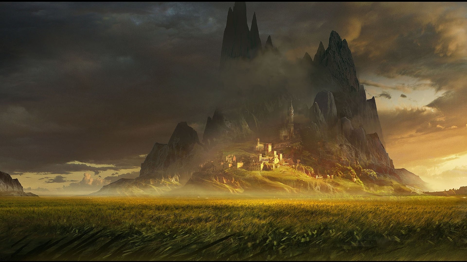 A majestic fantasy castle rises from a misty landscape, set against dramatic mountains under a moody sky, creating an enchanting scene for an HD PC desktop wallpaper.