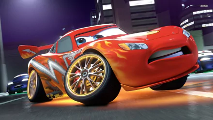 HD desktop wallpaper of Lightning McQueen from the movie Cars 2, featuring the animated red race car with a determined expression, glowing wheels, and city lights in the background.