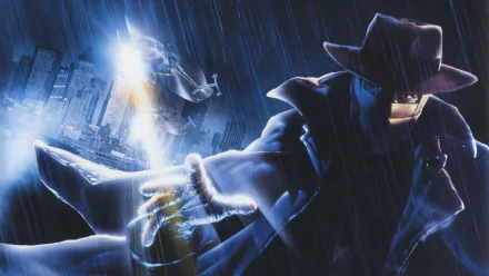 Darkman movie HD PC desktop wallpaper and background: masked, trench-coated figure with glowing bandaged hand in pouring rain over a city, helicopter hovering overhead.