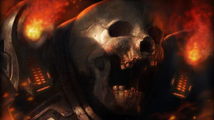 4K Ultra HD Doom video game wallpaper featuring a close-up of a weathered skull engulfed in fiery orange and red tones.