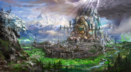 HD PC desktop wallpaper from the video game Blade & Soul, featuring a vast landscape with a walled city at the base of a towering, mystical mountain under a cloudy sky.