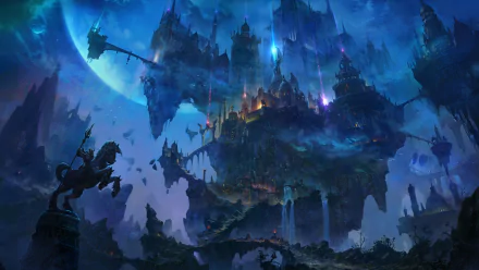 A stunning fantasy castle floats amid a mystical landscape, illuminated by ethereal lights under a glowing moon, creating a captivating 4K Ultra HD PC desktop wallpaper.