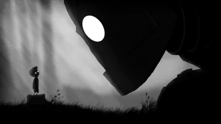 HD PC desktop wallpaper featuring a dramatic black-and-white movie crossover scene with a small figure facing a giant robotic head.