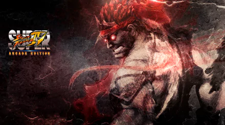 HD PC desktop wallpaper for Super Street Fighter IV: Arcade Edition featuring Akuma — red-eyed, muscular fighter with a crimson aura and the game logo on a cracked dark background.
