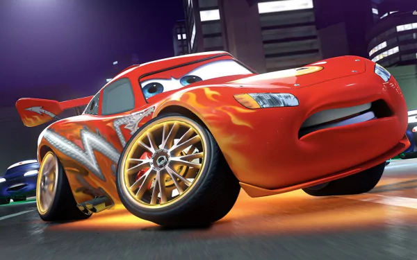 HD desktop wallpaper of Lightning McQueen from the movie Cars 2, featuring the animated red race car with a determined expression, glowing wheels, and city lights in the background.