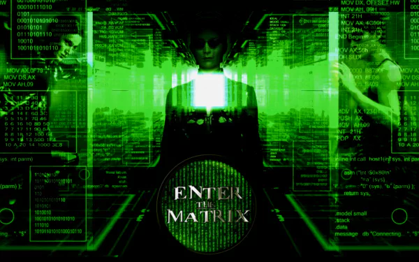 A high-definition desktop wallpaper inspired by The Matrix, featuring a futuristic green code backdrop with the phrase ENTER THE MATRIX prominently displayed.