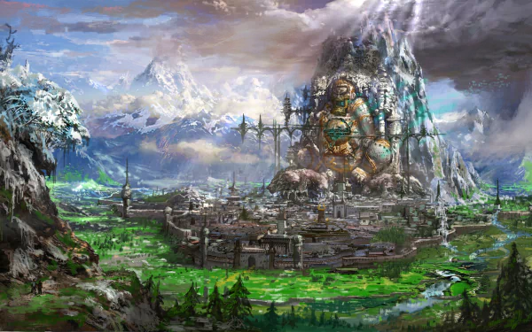 HD PC desktop wallpaper from the video game Blade & Soul, featuring a vast landscape with a walled city at the base of a towering, mystical mountain under a cloudy sky.
