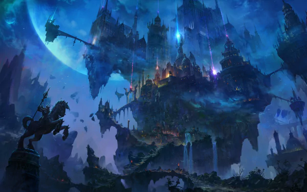 A stunning fantasy castle floats amid a mystical landscape, illuminated by ethereal lights under a glowing moon, creating a captivating 4K Ultra HD PC desktop wallpaper.