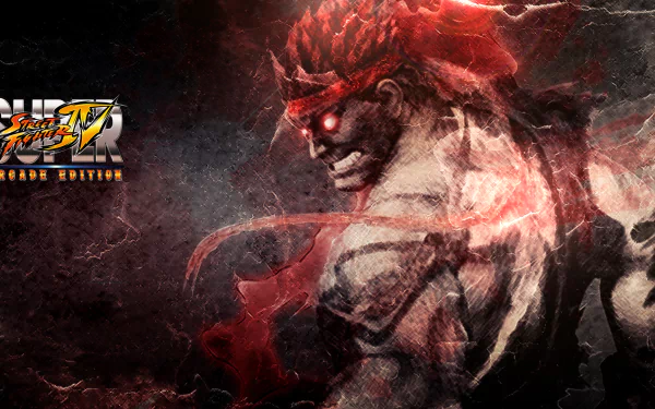 HD PC desktop wallpaper for Super Street Fighter IV: Arcade Edition featuring Akuma — red-eyed, muscular fighter with a crimson aura and the game logo on a cracked dark background.