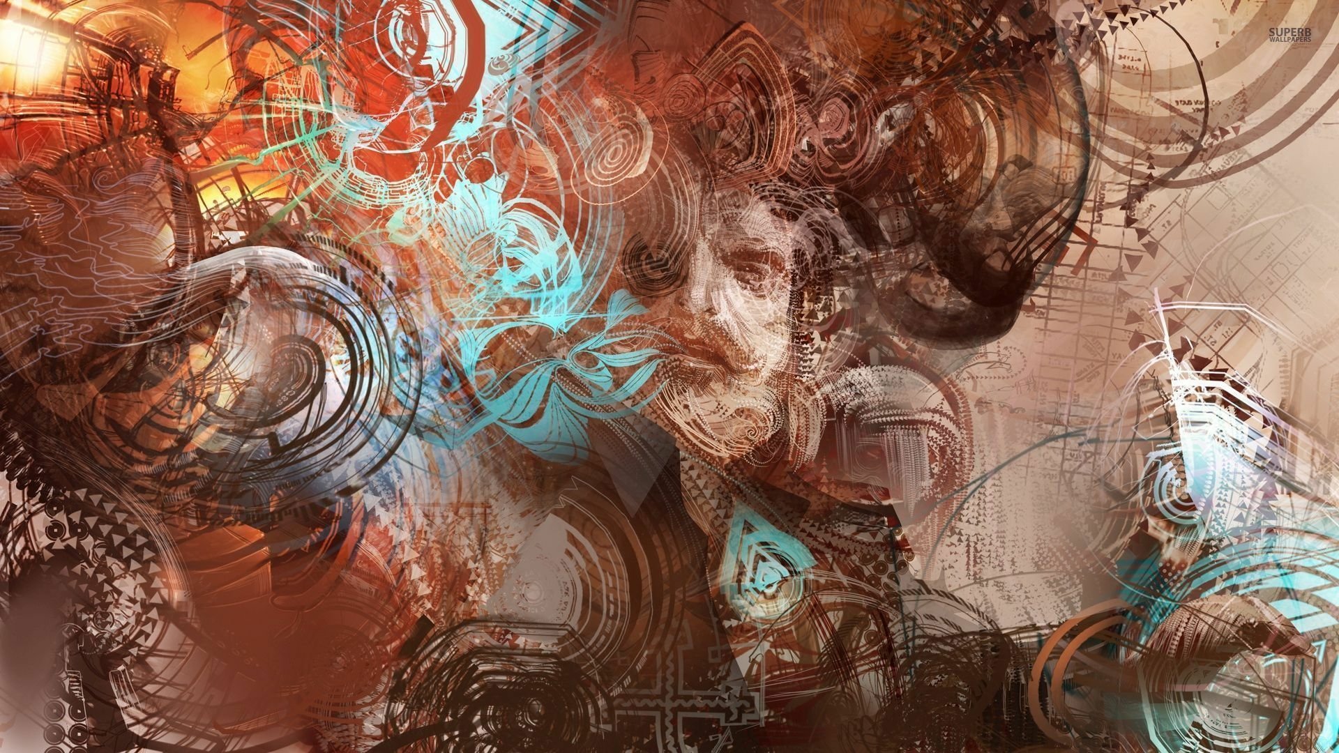 HD PC desktop wallpaper featuring a detailed fantasy warrior surrounded by intricate, swirling abstract patterns in warm and cool tones.