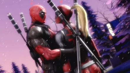 A vibrant comic wallpaper featuring Lady Deadpool and Deadpool in a snowy setting, showcasing their playful embrace against a colorful backdrop.