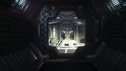 4K Ultra HD PC wallpaper from the video game Alien: Isolation, featuring a dimly lit, futuristic spaceship corridor with intricate sci-fi details.