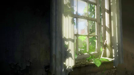 HD wallpaper featuring a sunlit, overgrown window, capturing the post-apocalyptic atmosphere from the video game The Last of Us.
