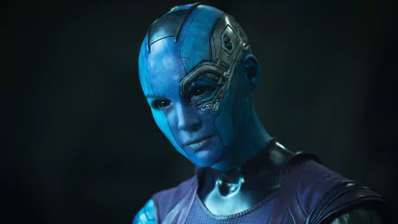 Nebula, portrayed by Karen Gillan in Marvel's Guardians of the Galaxy, is featured in this striking 4K Ultra HD wallpaper, showcasing her iconic blue appearance and cybernetic details.